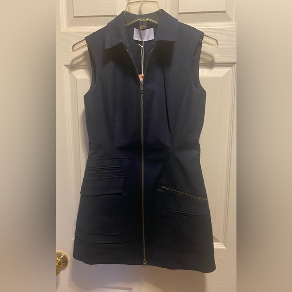 NWT Pearl by Lela Rose Navy Blue Long Vest Jacket double zipper vest size 0 - Picture 2 of 6